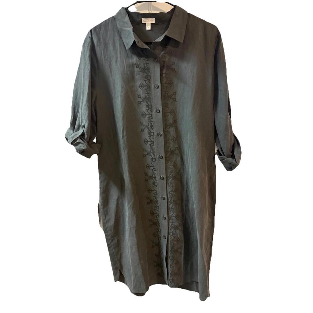 Garnett Hill Embroidered Front Button Down Shirt Dress Size 10 Linen Silk Blend - Picture 3 of 9